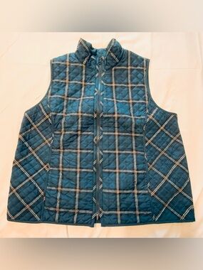 New Chicos Women’s Teal Blue Plaid Reversible Vest Pockets Size 4 (20-22)